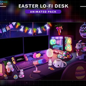 May include: A digital illustration of an Easter-themed desktop setup with a computer, a gaming console, a microphone, and a variety of Easter decorations, including bunnies, eggs, and carrots. The text "EASTER LO-FI DESK ANIMATED PACK" is displayed at the top of the image.