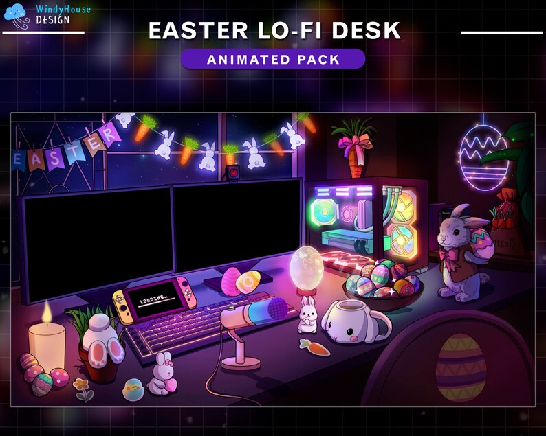 May include: A digital illustration of an Easter-themed desktop setup with a computer, a gaming console, a microphone, and a variety of Easter decorations, including bunnies, eggs, and carrots. The text "EASTER LO-FI DESK ANIMATED PACK" is displayed at the top of the image.