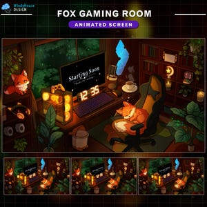 May include: An animated screen for a gaming room featuring a cartoon fox theme. The scene includes a computer setup with the text "Starting Soon", a sleeping fox, and various gaming accessories. The time is displayed as 12:35.