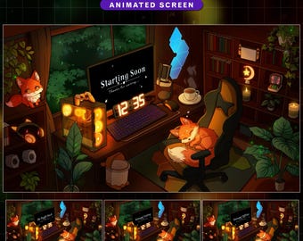 Animated Twitch Screen Cute Fox Streaming Room, Aesthetic Game Room Stream Overlay with PC Setup, Coffee, Plant Pots, Night Sky...