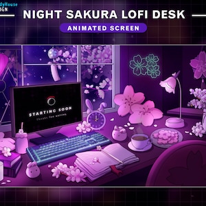Écrans Twitch animés Cherry Blossom Lo-fi Desk, Esthétique Purple Sakura Game Room Stream Screens avec Sakura Falling, Coffee, Night Sky
