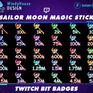 30x Sailor Moon Magic Stick Twitch Bit Badges, Moon Bit Badges Set, Twitch Tier Badges For Streamers/Discord