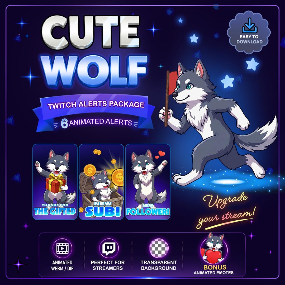 Cute Wolf Animated Twitch Alerts Pack, Wolf Stream Alerts Bundle, Bonus ...