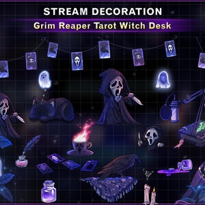 May include: A digital illustration with a Grim Reaper theme, featuring a black cat, ghosts, tarot cards, and a crow. The text reads "STREAM DECORATION" and "Grim Reaper Tarot Witch Desk". The artwork uses a dark colour palette with purple and white accents.
