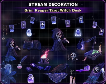26x animierte Stream-Dekorationen Sensenmann-Tarotkarten, süße Geister-Hexe Schreibtisch-Twitch-Dekoration, Stream-Assets für Streamer VTuber