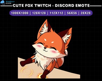 May include: A cartoon fox emote with orange fur, white accents, and a happy expression. The fox is smiling with pink cheeks and is set against a black background with the text "CUTE FOX TWITCH - DISCORD EMOTE".