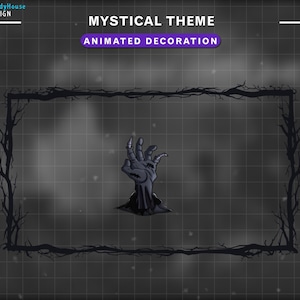 May include: A black and white illustration of a skeletal hand reaching out from a dark, shadowy background. The hand is surrounded by a black frame with a vine design. The text "MYSTICAL THEME ANIMATED DECORATION" is displayed above the frame.