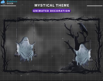 Animated Ghost On The Swing Decoration with Ghost Tree, Spooky Overlay with Tomb, Skull, Ghost, Bat...
