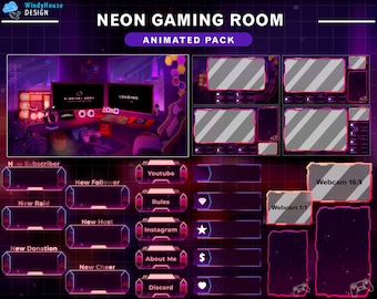 Animated Retro Neon Game Room Twitch Full Package, Cozy PC Room Stream Screens, Aesthetic Room with Night City Sky...