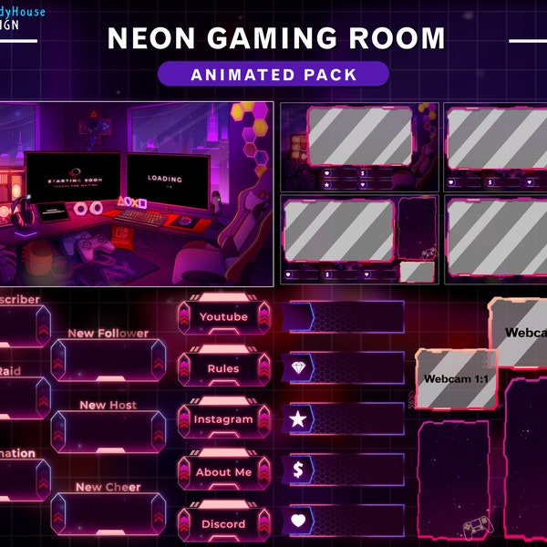 Animated Retro Neon Game Room Twitch Full Package, Cozy PC Room Stream Screens, Aesthetic Room with Night City Sky...