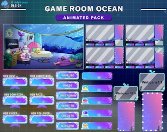 May include: Animated Twitch stream overlay pack with an ocean theme. The overlay includes a variety of elements, such as a webcam frame, alerts for new hosts, subscribers, donations, raids, cheers, and followers, and social media buttons for YouTube, Instagram, Discord, and more.