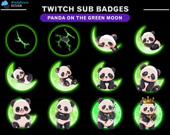 Panda Green Moon Twitch Sub Badges/ Panda Twitch Sub Badges Set/ Twitch Moon Badges/ Twitch Tier Badges