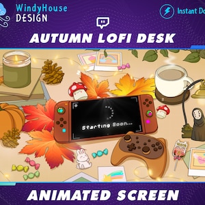 Animierter Herbst Gemütlicher Twitch Stream Bildschirm, Retro Lofi Ästhetischer Schreibtisch, Ipad Gamer, Ahornblatt, Kürbis, Pilz, Süßigkeiten, Halloween, niedliche Grafik