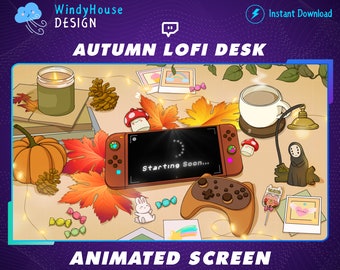 Animated Autumn Cozy Twitch Stream Screen, Retro Lofi Aesthetic Desk,Ipad Gamer,Maple Leaf,Pumpkin, Mushroom,Candy, Halloween, Cute Graphics