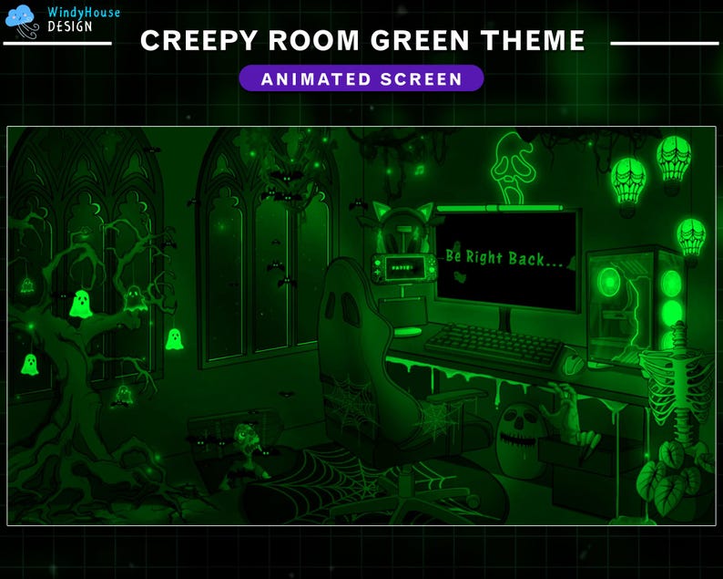 Op de afbeelding: Een groene computeropstelling met een gloeiend groene monitor waarop "Be Right Back..." staat en een groene gamingstoel. De kamer is versierd met gloeiende groene geesten en schedels.