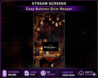 TIKTOK Stream Screens Grim Reaper Mystic Autumn Forest, Cute Ghost Witch Animated Vertical Overlay for OBS & TikTok Live Studio