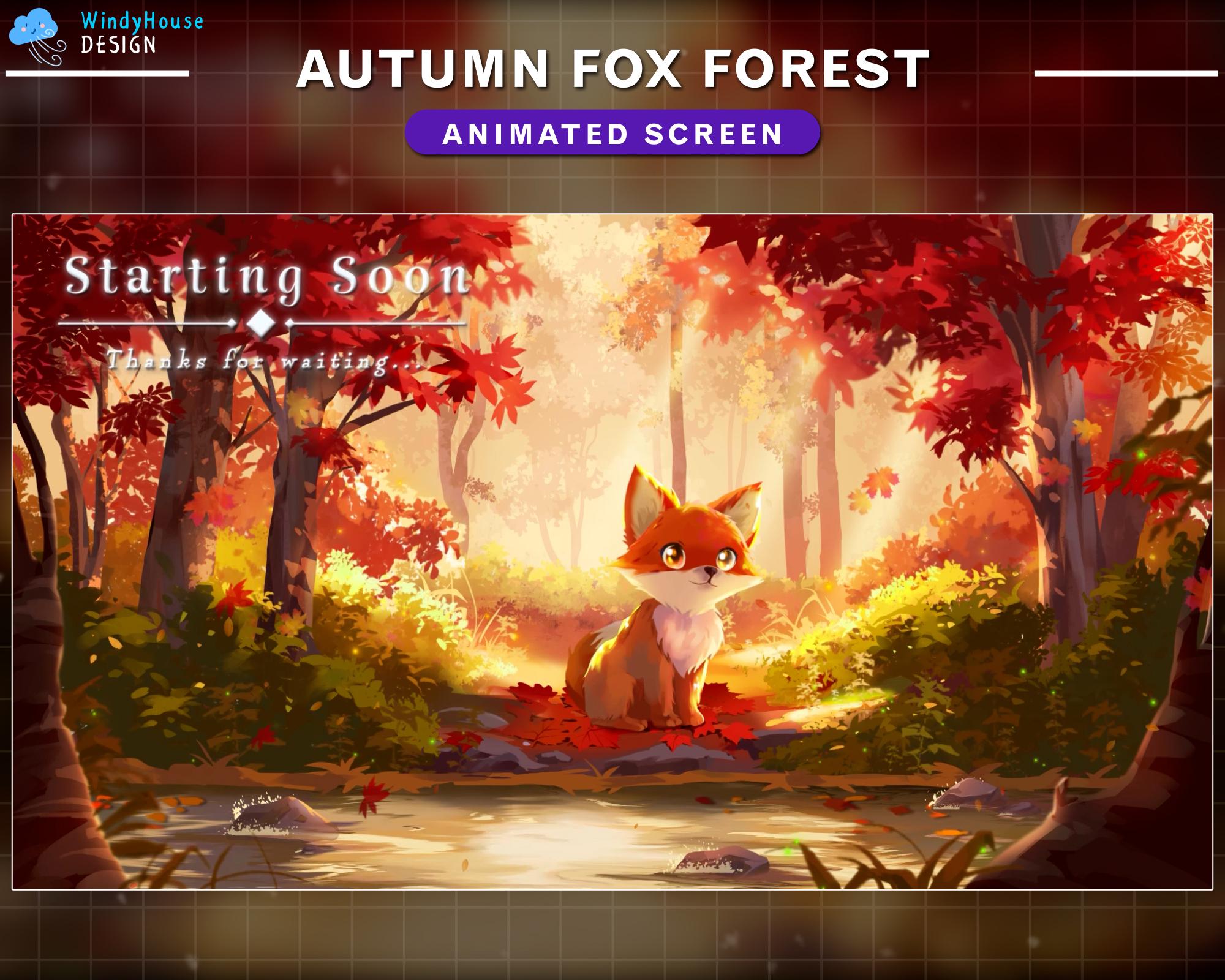 Animated Twitch Screen Fall Fox in Forest, Aesthetic Autumn Overlay with Cute Fox, Maple Leaf, River...