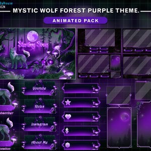 May include: Animated Twitch overlay pack with a purple and black color scheme. The overlay features a wolf in a forest with a full moon and mushrooms. The text "Mystic Wolf Forest Purple Theme. Animated Pack" is at the top of the image. The text "Starting Soon" is in the center of the image.