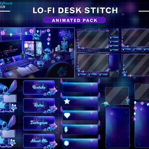 Animated Stream Package Lo-fi Stitch Desk, Game Room Twitch Overlay with Stitch Alien, PC Setup, Night Sky, Fairy Lights, Plants