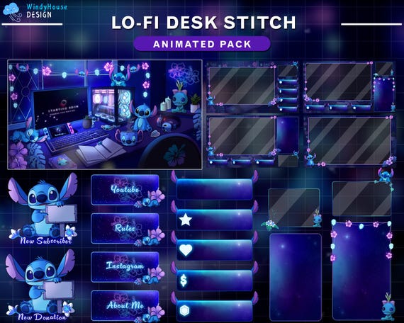 Animated Stream Package Cozy Lo-fi Desk, Game Room Twitch Overlay with Blue Alien, PC Setup, Night Sky, Fairy Lights, Plants