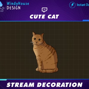 Animated Cute Cat Stream Decoration, Kitty Cat Twitch, Tabby Cat Stream Add-on Kawaii Twitch Overlay...