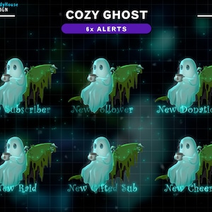 May include: Digital graphic with six animated alerts, featuring a cosy ghost theme. Each alert shows a light blue ghost holding a mug, with text such as "New Subscriber" and "New Cheer". The background is dark with a grid pattern.