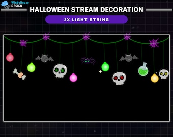 May include: Halloween-themed string lights with a variety of spooky icons, including skulls, bats, spiders, and potion bottles. The lights are green and purple and the icons are in black, white, and green. The text "3X LIGHT STRING" is visible in the image.