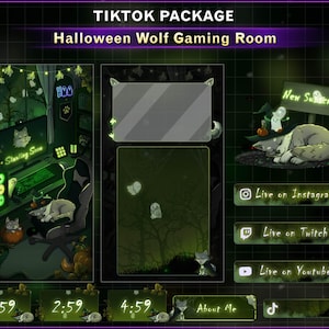 May include: A digital graphic overlay set titled TIKTOK PACKAGE Halloween Wolf Gaming Room, featuring green-toned illustrations of wolves, ghosts, and pumpkins, with text elements including New Subscriber, Live on Instagram, Twitch, and Youtube.