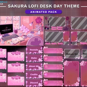 Animated Twitch Overlay Cherry Blossom Lo-fi Desk Day Theme, Aesthetic Sakura Game Room Stream Package with Sakura Falling, Coffee