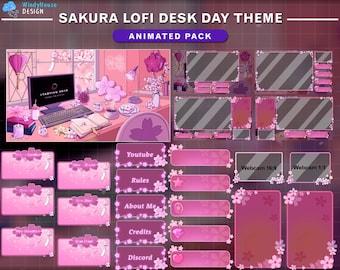 Animated Twitch Overlay Cherry Blossom Lo-fi Desk Day Theme, Aesthetic Sakura Game Room Stream Package with Sakura Falling, Coffee