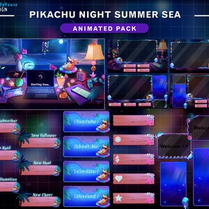 Può includere: Pacchetto di overlay Twitch animati con un personaggio Pikachu in una scena notturna estiva con un oceano blu, palme e stelle. Il pacchetto include overlay per nuovo abbonato, nuovo follower, nuovo raid, nuovo host, nuova donazione, nuovo cheer, YouTube, Chi sono, Crediti, Discord e cornici per webcam in 16:9 e 1:1.