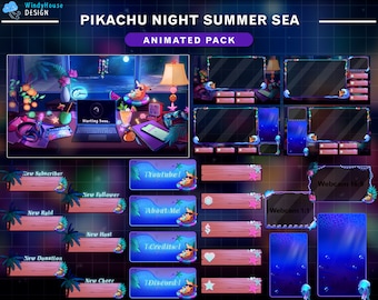Paquete de transmisión animada Pikachu Lofi Desk Night Summer Sea, superposición estética de Twitch en la sala de juegos, configuración de escritorio con computadora portátil, Pikachu y auriculares