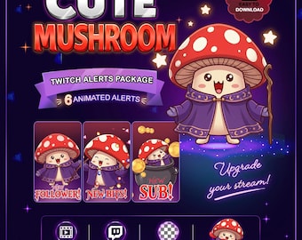 Animated Cute Wizard Mushroom Twitch Alerts, Kawaii Fantasy Stream Alerts Pack with Raid Alert, Bonus Mushroom Love Twitch Discord  Emote