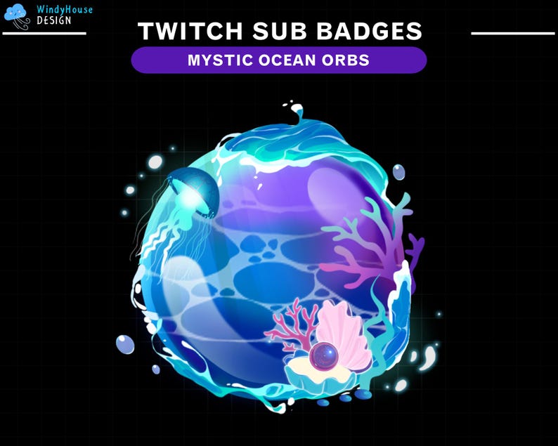 Op de afbeelding: Een blauwe en paarse bol met een draaiend watereffect, omringd door koraal en een kwal. De bol is een Twitch-abonnementbadge met de tekst "MYSTIC OCEAN ORBS" erboven.