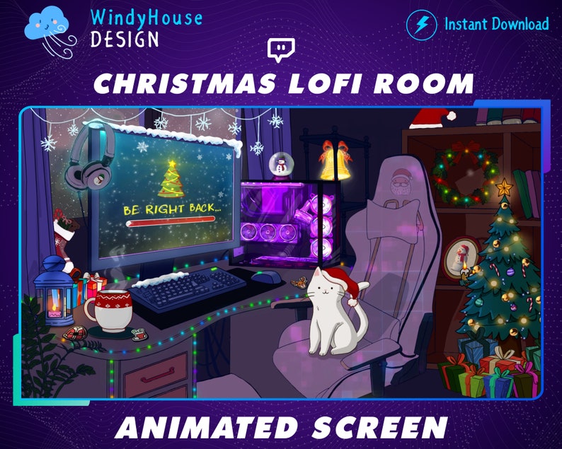 Puede incluir: Una sala de juegos con tem&aacute;tica navide&ntilde;a con un monitor de computadora que muestra un protector de pantalla animado festivo que dice "Be Right Back..." Un gato blanco con un gorro de Pap&aacute; Noel se sienta en una silla de juego. Un &aacute;rbol de Navidad con adornos y bastones de caramelo est&aacute; en la esquina.