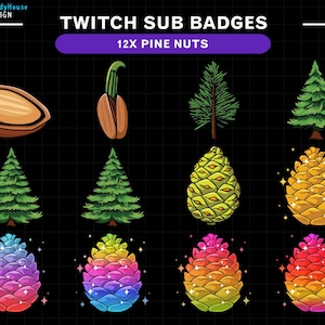 Könnte beinhalten: Zwölf Twitch-Abo-Badges mit Pinienkernen in verschiedenen Wachstumsstadien. Die Badges sind in einem Regenbogen-Farbschema mit einem Glitzereffekt gehalten. Der Text "TWITCH SUB BADGES" und "12X PINE NUTS" wird oben im Bild angezeigt.