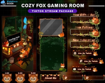 May include: A digital art design for a gaming room, featuring a cozy fox theme. The design includes a monitor, overlays, and social media buttons. Text includes "COZY FOX GAMING ROOM" and "TIKTOK STREAM PACKAGE."