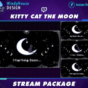 May include: A set of four animated Twitch stream overlays featuring a black cat sitting on a crescent moon with stars in the background. The overlays include "Starting Soon...", "Be Right Back...", "Stream Ending...", and "Stream Offline..."