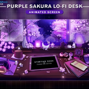 Animerade Twitch-skärmar, lila Sakura Lo-fi-skrivbord, mysigt spelrum med fallande körsbärsblommor, start, BRB, slut, offline-streamskärmar