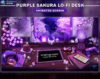 Pantallas animadas de Twitch Escritorio de baja fidelidad Sakura púrpura, acogedora sala de juegos con flores de cerezo cayendo, inicio, BRB, final y pantallas de transmisión sin conexión