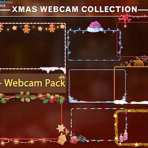以下が含まれることがあります： クリスマスをテーマにしたウェブカメラフレームのコレクション。ジンジャーブレッドマン、サンタの帽子、ホリデーライトなど、さまざまなお祝いのデザインが特徴です。「XMAS WEBCAM COLLECTION」と「35+ Webcam Pack」の文字が表示されています。
