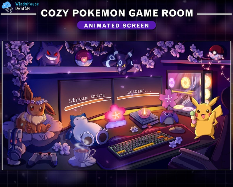 May include: An animated screen featuring a cozy Pokemon game room. The scene includes a desk with a keyboard, mouse, and various Pokemon figures like Pikachu and Eevee. The background has a purple and black color scheme with cherry blossom accents.