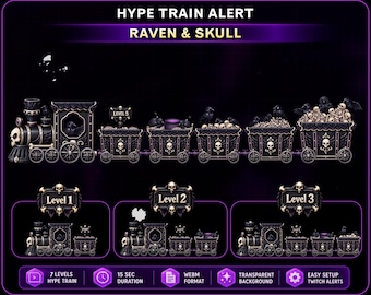 Animated Gothic Raven & Skull Hype Train Alert, Animated Halloween Crow Express Train Twitch Alert for OBS, Streamlabs, Kick, VTuber