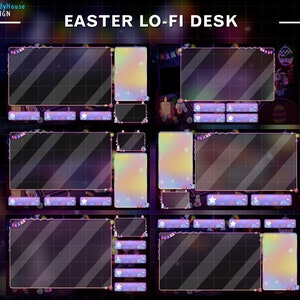 May include: A digital desktop background with a pastel color scheme and a lo-fi aesthetic. The background features a variety of Easter-themed elements, including bunnies, eggs, and flowers. The text "EASTER LO-FI DESK" is displayed at the top of the image.