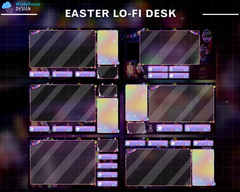 May include: A digital desktop background with a pastel color scheme and a lo-fi aesthetic. The background features a variety of Easter-themed elements, including bunnies, eggs, and flowers. The text "EASTER LO-FI DESK" is displayed at the top of the image.