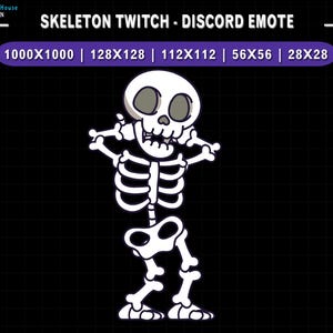 Peut inclure: Un squelette de dessin animé blanc avec des yeux gris et un large sourire, posant avec les bras levés. L'image comprend le texte "SKELETON TWITCH - DISCORD EMOTE" et diverses dimensions en pixels sur fond noir.