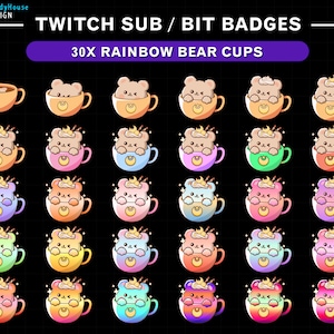 30x Rainbow Bear Cups Twitch Sub Bit Badges, Zestaw słodkich Bear Sub Bit Badges, Odznaki Twitch Tier dla Streamerów/Discord