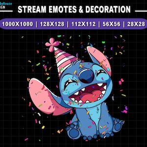 Puede incluir: Un personaje de dibujos animados azul con un gorro de fiesta, con una gran sonrisa y rodeado de confeti. El personaje está sentado con las piernas cruzadas y un brazo levantado en el aire. El fondo es negro con un patrón de cuadrícula.