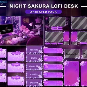 May include: Animated Twitch stream overlay pack featuring a night sakura lofi desk theme. The overlay includes a webcam frame, a YouTube banner, and several other panels for different purposes. The panels are decorated with pink cherry blossoms and a glowing light effect.