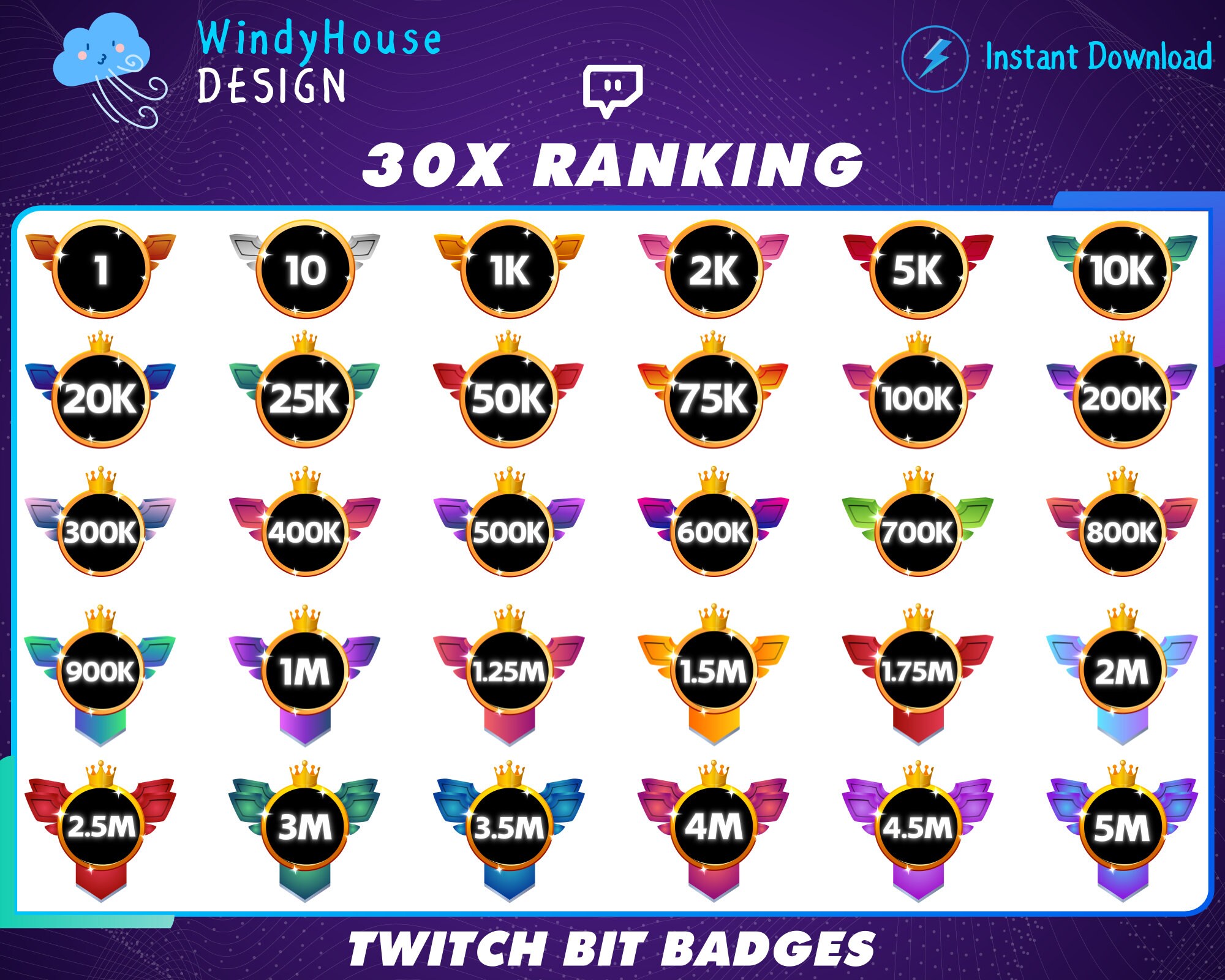 30x Ranks Twitch Bit Badges, Crowns Twitch Bit Badges Set, Twitch Tier ...